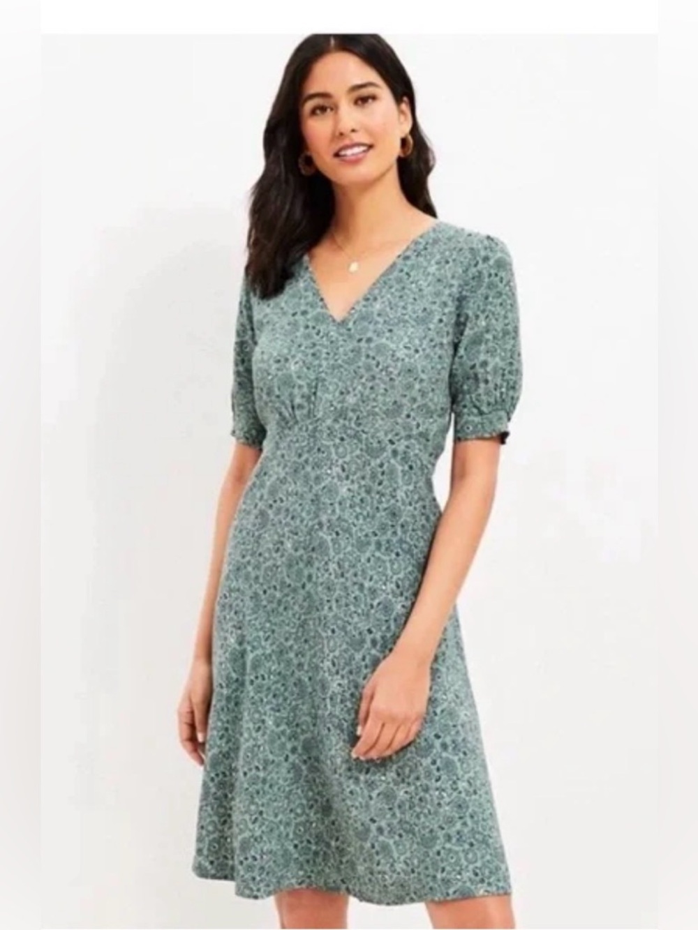 LOFT Teal Boho Green Floral Midi Dress size 4